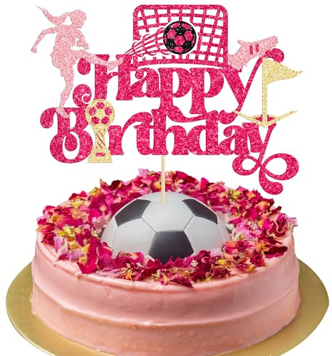 Gyufise 1Pcs Soccer Happy Birthday Cake Topper Glitter Football Player Cake Pick Decorations for Sport Theme Man Boy Girl Party Decoration Supplies Rose Red