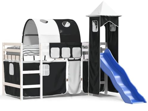 Eleganz Kinderhochbett mit Turm | Weiß & Schwarz 90x190 cm | Kiefernholz | Stabiles Spielbett mit Rutsche & Treppe | Platzsparendes Kinderzimmer-Möbel