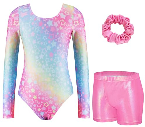 Arshiner flicka tredelad gymnastikdräkt långärmad barn gym kostym med byxor hårband akrobatik kostym glittrande balett danströja unitard, regnbåge, 9-10 år