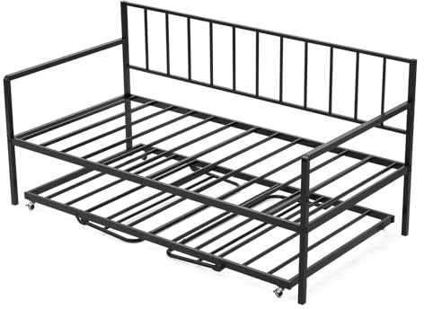 VEVOR Cadre de Lit de Jour Simple en Métal Robuste, Lit Gigogne Jumeau sans Matelas, Réglable en Hauteur, avec Éclairage LED et Station de Charge, Facile à Ranger, pour Repos, Salon, Chambre, Noir