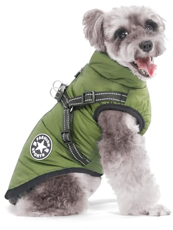 Aywoja Cappotto Cane Invernale, caldo, cappotto per cani con pettorina, impermeabile, lavabile in lavatrice, con strisce riflettenti, resistente anello a D(35cm,Verde)