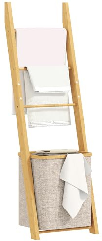 HOMCOM Estantería para Baño de Bambú, 2 en 1, Toallero de Pie con 3 Barras, Cesto para Ropa Sucia Extraíble de 48 L, para Dormitorio, Lavadero, Crema