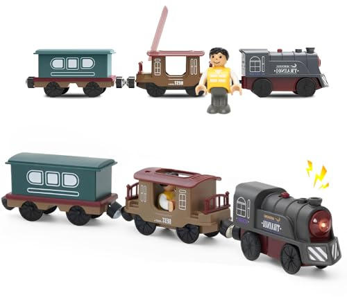 Vmxlso Eisenbahn Kinder Elektrisch Retro, Magnetanschluss Holzeisenbahn Elektrische Lok, Batteriebetriebener Elektrische Eisenbahn Kinder mit Licht und Sound, Kompatibel mit Thomas, Brio, Chuggington