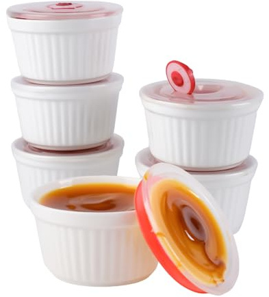 6 oz Ramekins with Covers, Souffle Dishes Set of 6, 9cm White Porcelain Creme Brulee Ramekins, Baking Cups for Pudding, Fruits, Dips, Dishwasher and Oven Safe (White)