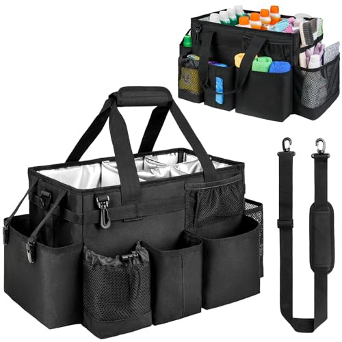 Jaffzora Cleaning Caddy Bag, Large Cleaning Supplies Organiser for Housekeepers, Cleaning Tote with Removable Dividers, Waterproof Aluminium Lining, Multi-Pocket,(39×20×25cm, Black)
