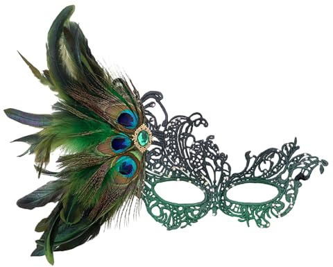 Zanisouta Costume de carnaval élégant pour femme - Masque en dentelle verte - Plumes de paon vénitiennes - Strass - Gothique - Demi-masque - Accessoire de cosplay