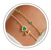 Turandoss 2 stycken armband med bokstäver damer guld – 14K förgyllt guld födelsesten armband bokstäver armband hjärta flicka, födelsedagspresent för kvinnor tonåring flickor flickvän smycken, Mässing