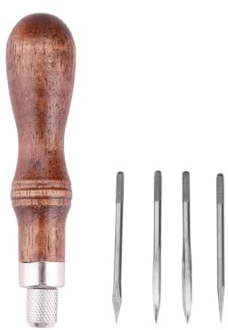 Hapivida Lezna de Costura para Cuero con 4 Cabezales, Herramienta de Punteado y Perforación con Mango de Madera, para Principiantes y Artesanos en Manualidades de Marroquinería DIY