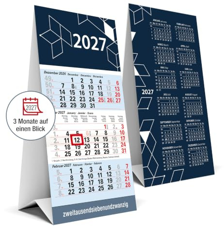 TOBJA® 3 Monatskalender 2027 Tischkalender Cube mit Datumsschieber | Tischaufsteller 18,5x9,8 cm - Abreißkalender mit Jahresübersicht, Kalenderwochen & Feiertagen, FSC | Blau geometrisch Büro