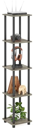FURINNO Turn-N-Tube 5-Tier Corner Square Rack Display Shelf, Round, French Oak Grey/Black