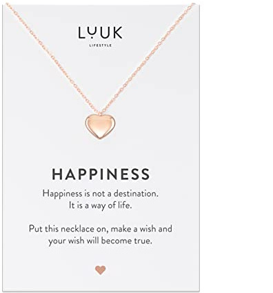 LUUK LIFESTYLE Halsband i rostfritt stål med hjärthänge och ett HAPPINESS-kort, lyckoamulett, vänskapsgåva, rosé