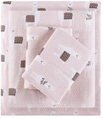 Intelligent Design Cozy Soft 100% Cotton Flannel Print Animals Stars Cute Warm, Ultra Soft Cold Weather Sheet Set Bedding, Queen, Pink Llamas 4 Piece
