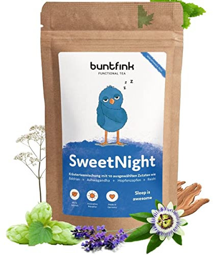Buntfink SweetNight Schlaftee – Zitronenmelisse Tee mit Passionsblume, Baldrian, Hopfen & Lavendel beruhigender Abendtee zur Entspannung, 60g Kräutertee lose, Beruhigungstee natürlich, koffeinfrei