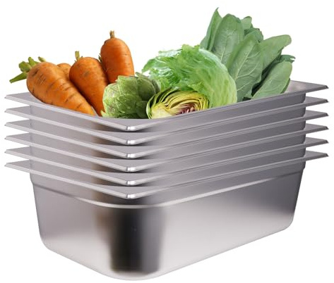Hakka 1/1 Full Size Hotel Pans 6inch Deep Stainless Steel Steam Table Pans 6Pack Commercial Gastronorm Catering Food containers for Restaurant, Hotel, Buffet,Party