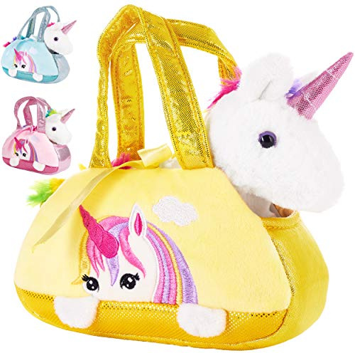 BRUBAKER Einhorn Tasche Regenbogen - 20 cm - Gelb | Plüschtier in Handtasche - Plüsch Stofftier Kuscheltier