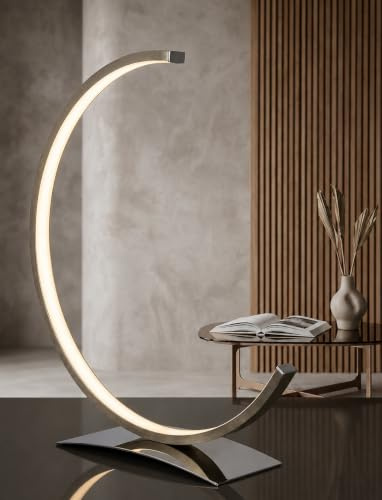 Trango 2019-01XL dimmbar LED Schreibtischlampe in Nickel matt/Chrom Halbrund *MOONLIGHT* Tischleuchte, Nachttisch Lampe mit 12 Watt LED Modul 3000K warmweiß, Tischlampe