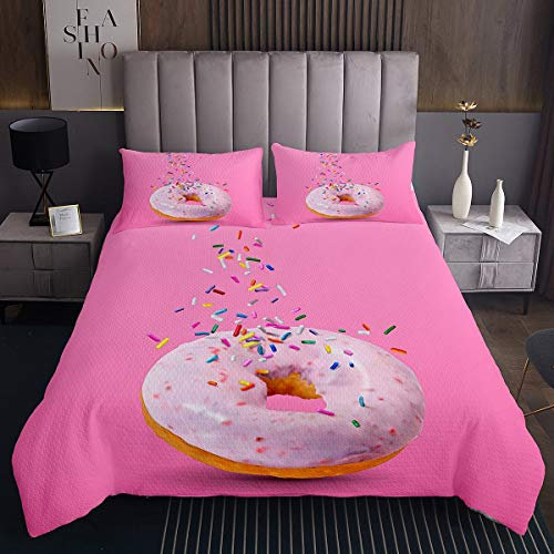 Loussiesd Ciambelle Stampa Copriletto Trapuntato Copertina Whimsical Dessert Set Set Per Bambini Bambini Adolescenti Luminoso Colorato Trapuntato Coverlet Kawaii Rosa Trapuntato 2 Pezzi Tag170X230cm