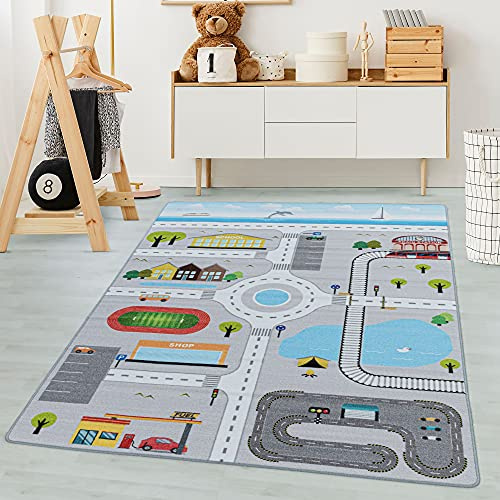 Carpetsale24 Kinderteppich Grau 160x230 cm Straßenteppich Modern rutschfest Waschbar Pflegeleicht Extra Weich Antiallergen Babyteppich Kinderzimmer Jungen Mädchen