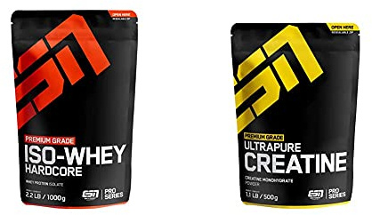 ESN IsoWhey Hardcore Protein, Vanilla, 1kg & Ultrapure Creatine Monohydrate – 500 g – 166 Portionen – reicht für 5,5 Monate – reinstes Kreatin Pulver – koscher- und halalzertifiziert – vegan