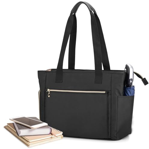 CURMIO Tote per Insegnante da Donna, Borsa da Lavoro Portatile con Custodia Imbottita e Scomparti per Laptop, Materiale Scolastico, Solo Borsa, Nero.