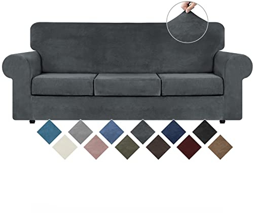 WEERRW 4 Pieces Velvet High Stretch Couch Covers for 3 Cushion Sofa Slipcovers, Washable Furniture Protector with Non Slip Elastic Bottom, Feature Soft and Thick Plush Fabric, Dark Grey, Large
