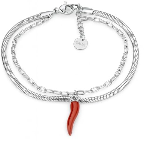 SAGA GIOIELLI® Bracciale Donna Piattina Catena Corno Rosso Acciaio Portafortuna Amuleto Confezione Regalo