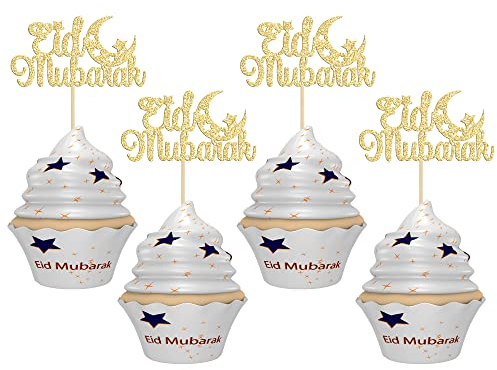 Gyufise 24Pcs Eid Mubarak Cupcake Toppers Gold Glitter Moon Star Ramadan Kareem Cupcake Picks Decorations for Eid Islamic Muslim Theme Party Supplies