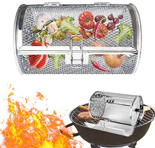 ENCOMAG Edelstahl Grillkorb für Minibackofen, Rollender BBQ Bratenkorb Grill Korb für Drehspieß, Rund - Grillkorb für Außen Grill, Camping, Picknicken, 14 x 14 x 18 cm