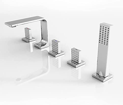 Badewannenarmatur, Badewanne Wasserhahn Messing Wannenbatterie Set Deckhalterung Wannenarmatur mit Handbrause, 1500 mm Brauseschlauch, Umsteller(3 Griffe 5 Löcher),Chrome (Color : Chrome)