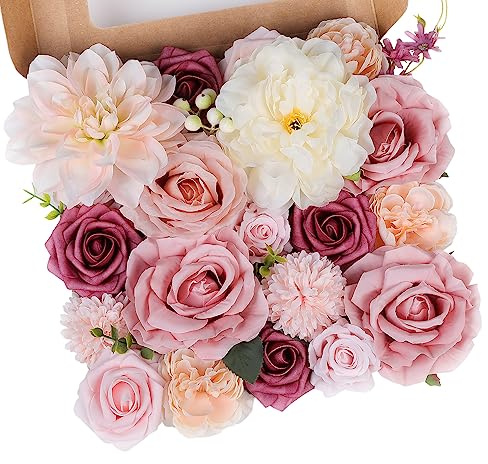 AGIRL Rose Artificial Flowers Combo Fake Flowers Pink Roses Silk Flowers with Stems for DIY Bridal Wedding Bouquets Centerpieces Arrangements Table Party Baby Shower Home Decor (Champagne Pink)