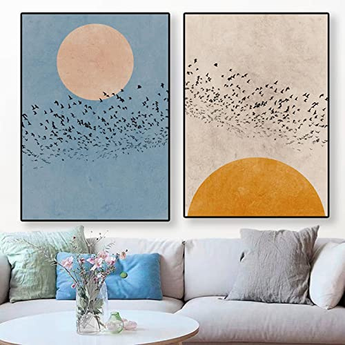 SDVIB Abstrakte Mond-Silhouette-Vögel-Druck, Leinwandgemälde, minimalistisches blaues Natur-Poster, skandinavische nordische Wandbilder, Heimdekoration, 50 x 70 cm, 2 Stück, rahmenlos