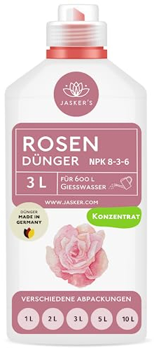 JASKER'S Rosendünger flüssig 3 Liter Konzentrat - Rosen Dünger für 600 Liter Gießwasser - 100% Schnelldünger - Flüssigdünger mit Langzeitdünger - Dünger für Rosen- Rosendünger Garten Langzeit