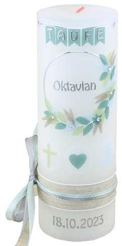 Cerziies® Taufkerze Rustik OKTAVIAN Junge oder Mädchen mit Name und Datum, individuell und handverziert 2192