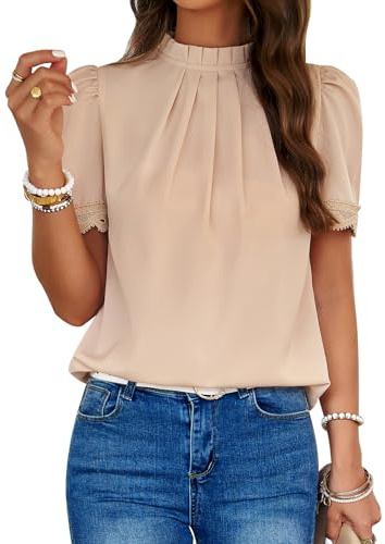 MYCOLORBLUE Damen Elegant Chiffon Blusen Tuniken Falten Stehkragen Tops Puffärmeln Shirts Streetwear Blusenshirt Oberteile Khaki XL