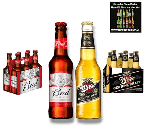 Bud Bier & Miller Genuine Draft Amerika Mix - USA 12 x 330ml - Inklusive Haus der Biere Berlin Bierdeckel