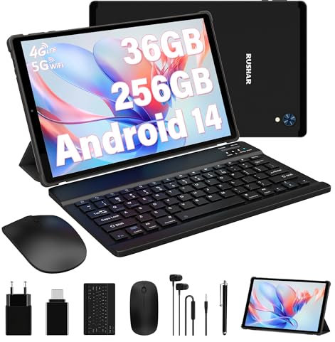 RUSHAR Tablette Android 14 10,4 Pouces 36GB RAM+256GB ROM (2TB TF), 4G LTE/SIM+5G WiFi, Octa-Core 2,0GHz, INCELL 2000x1200, 8000mAh, 13MP+8MP, Clavier, GPS/Bluetooth, Noir