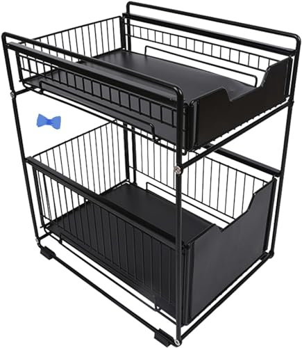 HUOLE Rangement Sous évier à 2 Niveaux,Organiseur de Cuisine, Étagère sous Évier, Porte-épices,Panier de Rangement Coulissant en métal,pour Cuisine, Salle de Bain,Chambre (noir-1PC)
