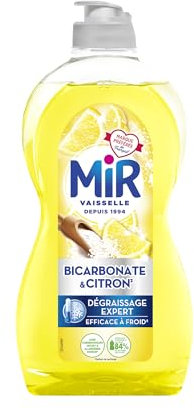 Mir Vaisselle - Bicarbonate & Citron - Dégraissage Expert - Efficace à Froid - Bicarbonate de Soude - Sans Conservateurs - Sans Allergènes Parfum - Marque Préférée des Français - Bouteille de 450 ml