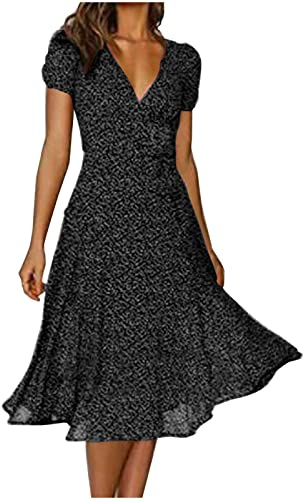 Vestidos Verano Mujer 2024,Vestido Mujer Casual de Cuello en Pico Midi Vestidos Manga Corta con Estampado de Lunares Vestido Verano Mujer en Multicolor Ajustado Vestido Mujer Elegante