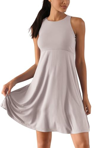 ODODOS Casual Flare Tank Dress for Women Summer Sleeveless Sundress Mini Skater Dress, Light Beige, Large