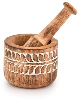 Mahasu Mortal & pestello in legno di mango, mortaio e pestello intagliato a mano, macina e tritatutto per erbe aromatiche, per spremiaglio e macinacaffè