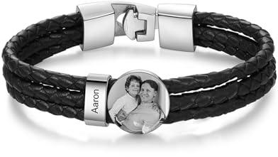 Jeweidea Lederarmband Herren mit Foto Personalisiertes Armband mit Namen Graviert Edelstahl Perlenarmband Herren Geschenke für Männer Papa Geschenk Vatertag Weihnachten