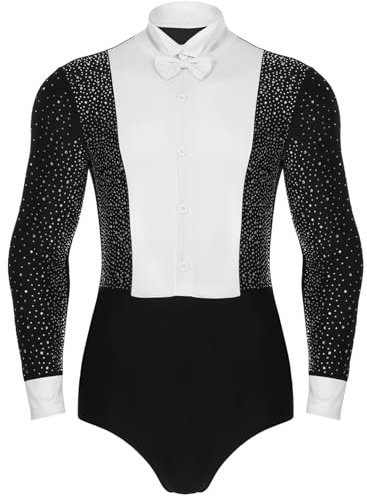 Rswnyirn Herren Glitzer Tanzbody Langarm Hemdbody Latein Jazz Samba Strandard Tanz Oberteil Leotard mit Fliege Ballroom Tanzkostüm Schwarz XL