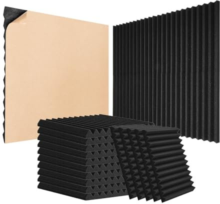 VEVOR Panneau Mousse Acoustique Lot de 48 Panneaux Muraux Insonorisants Adhésifs 30x30x2,5 cm Haute Densité Absorbants Le Son Résistants au Feu pour Murs et Plafonds de Studio, Maison, Bureau, Noir