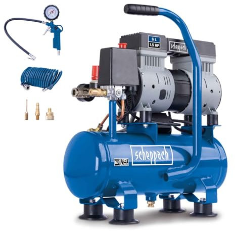 Scheppach HC08Si Ultra Silent Kompressor klein | 8bar | 6L | 1,5PS / 1100W | ölfrei & wartungsarm | Ansaugleistung 162 L/min | Leise Kompressor mit 67,4 db(A) | inkl. 5-tlg Zubehörset (5m Schlauch)