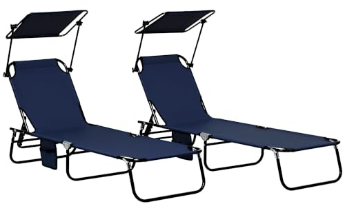 Outsunny 2 Piece Folding Sun Loungers with Canopy Garden Chairs Dark Blue | Adjustable Recliner, Side Pocket, Steel Frame, Breathable Mesh, Outdoor, Pool, Beach, Garden