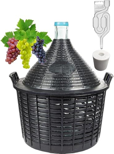 lilawelt24 Glasgärballon+Gärröhrchen+Gummistopfen Weinballon mit Korb Glasballon Gärbehälter Glasflasche, Weinherstellung,Flasche Fermentation,Meische Wein Machen Gären (15L MIT ZUBEHÖR)