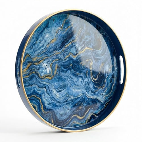 Simmer Stone Plateau décoratif rond en plastique marbré avec poignées, coiffeuse moderne et de service pour ottoman, table basse, cuisine et salle de bain, taille 33 cm (bleu marbre)