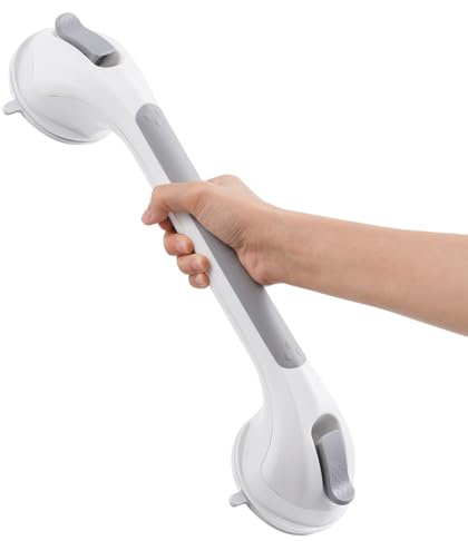 DUORAN Shower Handle 1 Pack, 17 Inch Grab Bar for Bathtubs and Showers, Strong Suction Cup Safety Handrail for Seniors, Elderly, Injury Recovery, No Drilling Waterproof Bathroom Grip, Grey