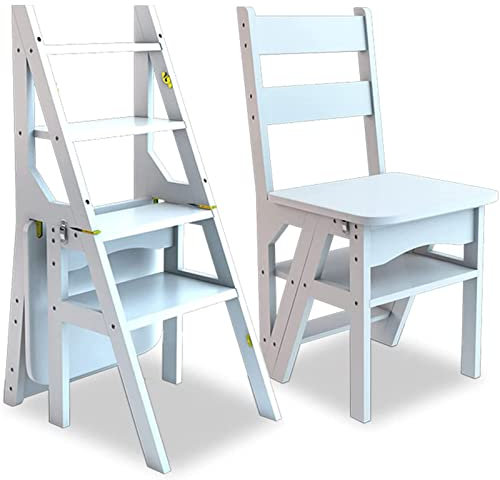 4 Tier Folding Step Ladder Multi Functional Wood Chair Display Shelf White